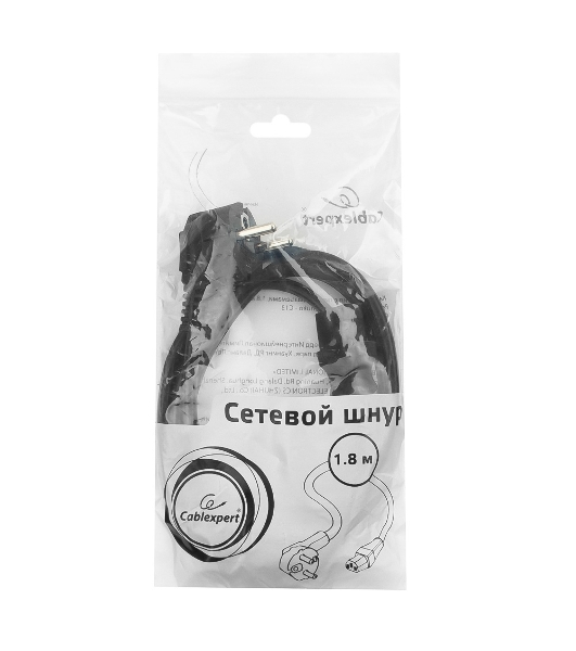 Кабель питания Cablexpert PC-186-1-1.8M, 1.8м, Schuko- C13, 3x1кв.мм, черный, с заземлением, пакет