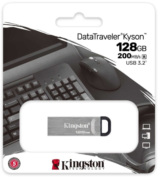 Флешка USB Kingston DataTraveler KYSON (DTKN/128 Gb), 128Gb, USB 3.2 Gen 1, R/W 200/60, серебристый/черный