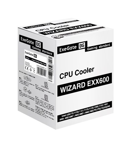 Кулер ExeGate Wizard EXX600-PWM.FRGb (Al+Cu, 6 тепл.трубки, LGA775/1150/1151/1155/1156/1200/1700/1851/AM2/AM2+/AM3/AM3+/AM4/AM5/FM1/FM2/754/939/940, TDP 180W, Fan 120мм PWM, 800-2400RPM, Hydro bearing, 4pin, 11-24db, 540г, FRGb подсветка, с термопастой, на защелках, Color Box)
