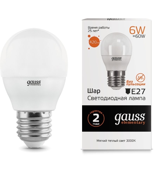 Лампа cветодиодная Gauss LED Elementary Globe 6W E27 2700K Арт.LD53216