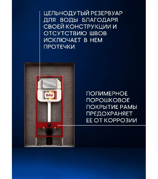 Комплект BAU 6 в 1: рамная инсталляция BAU NEO 45, унитаз подвесной Rio Luxe 52*35, сиденье микролифт, кнопка смыва BAU Hotel для инсталляции, хром