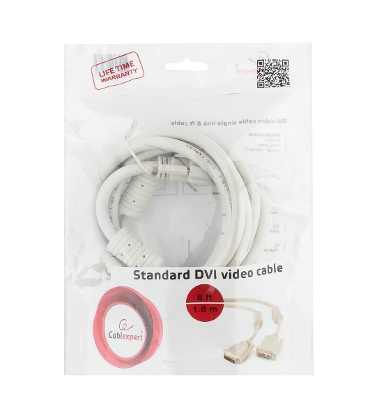 Кабель DVI-D single link Gembird/Cablexpert CC-DVI-6C, 19M/19M, 1.8м, серый, экран, феррит.кольца, пакет
