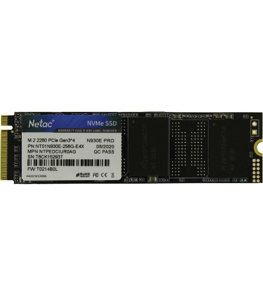 Накопитель SSD Netac N930E Pro, 256Gb, PCIe 3.1 x4, M.2 2280, NVMe, R/W 2040/1270