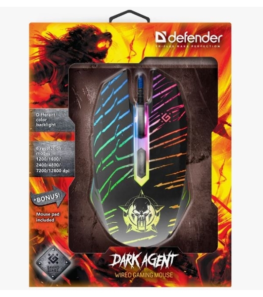 Мышь проводная Defender Dark Agent GM-590L черный, 12800 dpi, USB, кнопки - 6