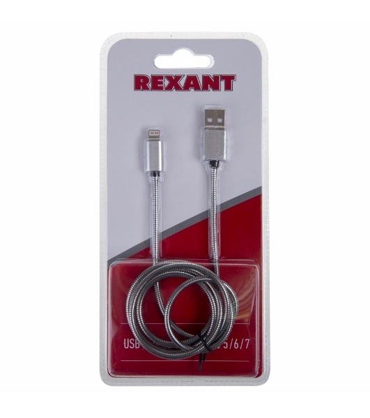 Кабель USB Rexant для iPhone 5/6/7 моделей, шнур в металлической оплетке серебристый