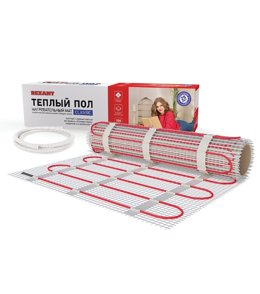 Теплый пол (нагревательный мат) Rexant Classic RNX -0,5-75 (площадь 0,5 м2 (0,5 х 1,0 м)), 75 Вт двухжильный с экраном