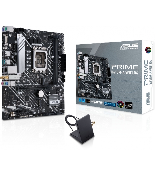 Материнская плата ASUS PRIME H610M-A WIFI D4, LGA 1700, Intel H610, 2xDDR4, 4xSATA, 2xM.2, 1xPCI-E 4.0 x16, 1xHDMI, 1xDisplayPort, 1x 1Gb LAN, 2xUSB-A 3.2 Gen 2, 4xUSB-A 2.0, 3x3.5 мм, 7.1, Micro-ATX