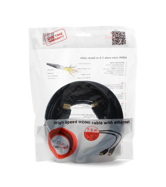 Кабель Cablexpert HDMI CC-HDMI4-7.5M, 19M/19M, v2.0, медь, позол.разъемы, экран, 7.5м, черный, пакет