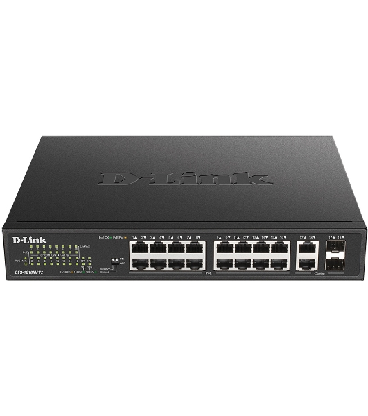 Коммутатор D-Link DES-1018MPV2/A1A, 16×100 Мбит/с + 2×1 Гбит/с Combo, неуправляемый