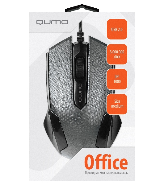 Мышь проводная Qumo Office M14 серый, 1000 dpi, USB, кнопки - 3