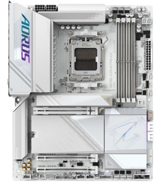 Материнская плата Gigabyte X870E AORUS PRO ICE, AM5, AMD X870E, 4xDDR5, 4xSATA, 4xM.2, 1xPCI-E 5.0 x16, 1xPCI-E 4.0 x4, 1xPCI-E 3.0 x4, 1xHDMI, 2xUSB-C, 1x 2.5Gb LAN, 2xUSB-A 3.2 Gen 2, 3xUSB-A 3.2 Gen 1, 2xUSB-A 2.0, 2x3.5 мм, TOSLINK, 7.1, 2xUSB4, 4xUSB-A 3.2 Gen 1, ATX