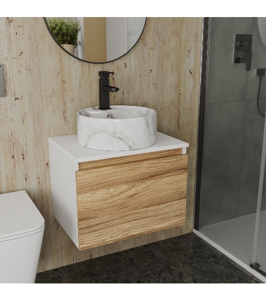 Комплект: тумба Bau Dream Blackwood 60, 1 ящик, Раковина круглая накладная BAU Element D41, мрамор, смеситель Hotel Black, черный матовый