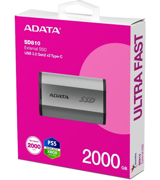 Внешний SSD ADATA SD810, 2TB, USB 3.2 Gen 2x2 Type-C, R/W 2000/2000, серебристый
