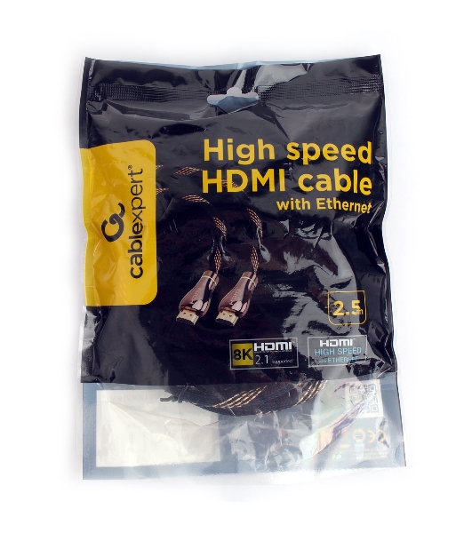 Кабель Cablexpert HDMI CCP-HDMI8К-2.5M, 19M/19M, v2.1, 8К, медь, позол.разъемы, экран, оплетка, 2.5м, черный, пакет