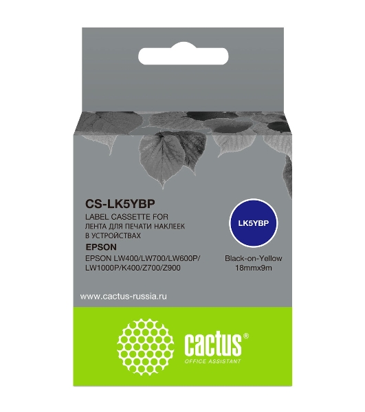 Картридж ленточный Cactus CS-LK5YBP черный, 18мм, 9м для Epson LW400/LW700/LW600P/LW1000P/K400/Z700/Z900