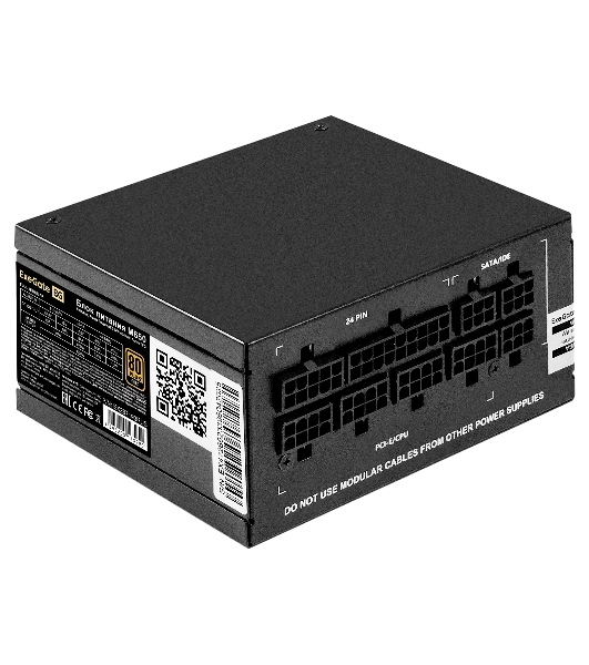 Блок питания 650W ExeGate M650 GOLD (SFX, APFC, КПД 90% (80 PLUS GOLD), 9см fan, 24pin, (4+4)pin, 2xPCI-E, 6xSATA, 3xIDE, 1xFDD, Full Cable Management, black, ATX adapter, Retail box)