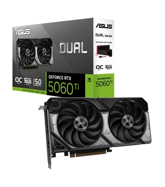 Видеокарта ASUS GeForce RTX 5060 Ti Dual OC , NVIDIA RTX 5060 Ti, 16 ГБ GDDR7, 128 бит, PCI-e 5.0, 1xHDMI, 3xDP, 2632 МГц