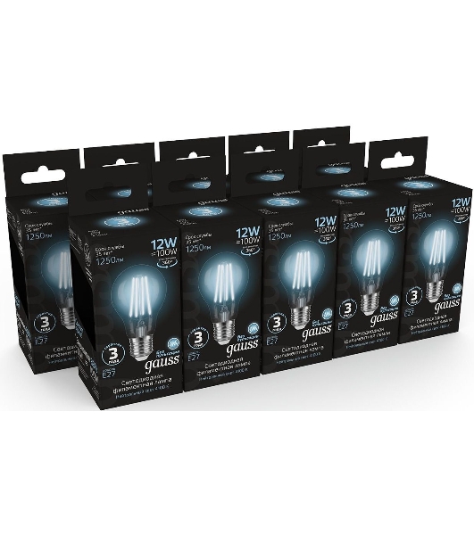 Лампа cветодиодная Gauss Filament А60 12W 1250lm 4100К Е27 LED 1/10/40