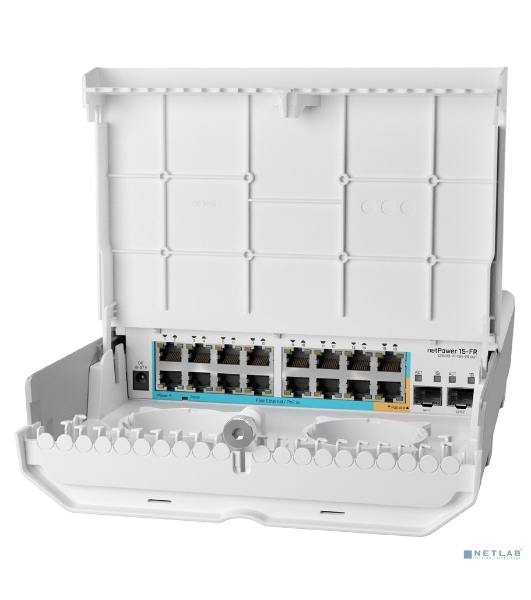 Коммутатор MikroTik netPower 15FR with 800MHz CPU, 256MB RAM, 16 x 10/100Mbps Ethernet ports (15 with Reverse POE-in, 1 with PoE-OUT), 2 x SFP, RouterOS L5 or SwitchOS (dual boot), outdoor enclosure, mounting ki