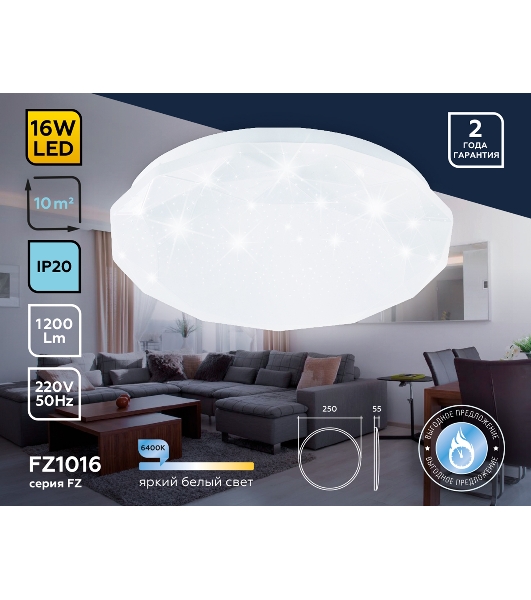 Потолочный светодиодный светильник Ambrella light FZ1016 WH белый 16W 6400K D250*55 (Без ПДУ)