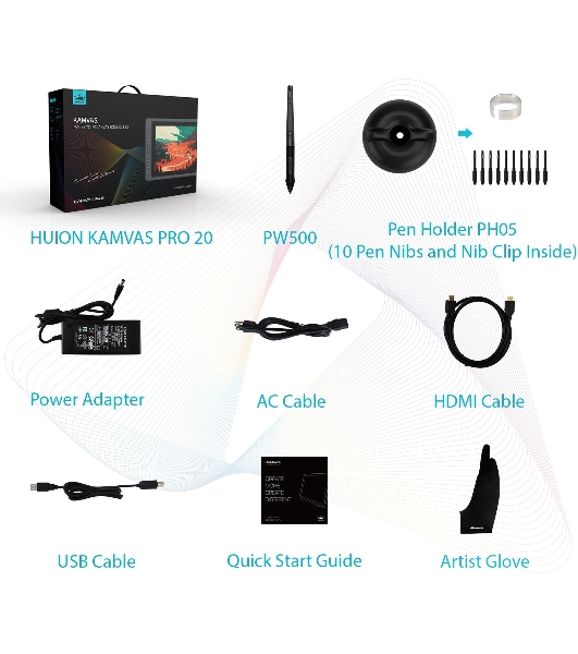 Графический монитор Huion Kamvas Pro 20 (2019), 19.5', 1920x1080, 8192 уровней, HDMI