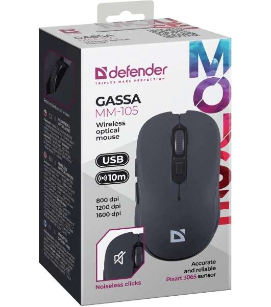 Мышь беспроводная Defender Gassa MM-105 черный, 1600 dpi, радиоканал, USB, кнопки - 6
