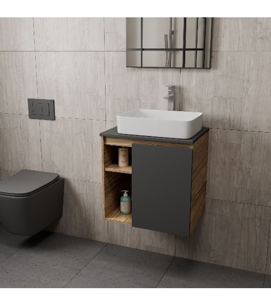 Тумба Bau Dream Blackwood 60 правая, графит, раковина BAU Hotel 48х37, смеситель для раковины высокий Hotel Still, нержавеющая сталь