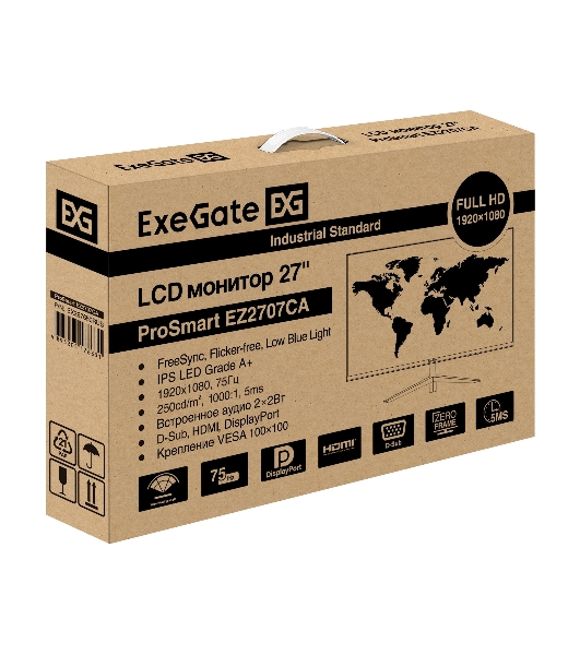 Монитор 27' ExeGate ProSmart EZ2707CA IPS 1920x1080, 75 Гц, 5 мс, 16:9, 250 кд/м², 2xHDMI, 1xDP, 1x3.5 мм, 2x3 Вт, черный