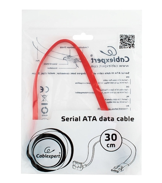 Кабель интерфейсный SATA Cablexpert CC-SATAM-DATA90-0.3M, 30 см, угловой разъем, 7pin/7pin, защелка, пакет