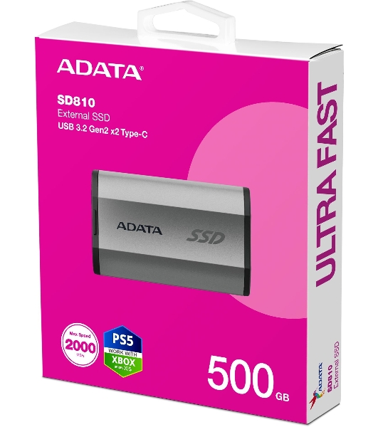 Внешний SSD ADATA SD810, 500 Gb, USB 3.2 Gen 2x2 Type-C, R/W 2000/2000, серебристый