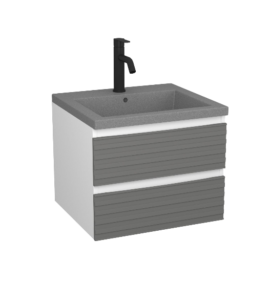 Тумба под раковину Bau Stil Loft grey brushed, раковина кварцевая BAU Stil 50, серый металлик, смеситель Dream Black, черный