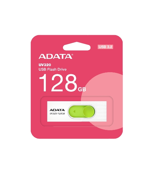 Флешка USB ADATA UV320 (AUV320-128G-RWHGN), 128Gb, USB 3.2 Gen1, R/W 100/30, белый/зеленый