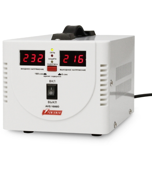 Стабилизатор напряжения Powerman AVS-D Voltage Regulator 1000VA, Digital Indication, 2x Schuko Outlets, 1m Power Cord, 230V, 1 year warranty, белый
