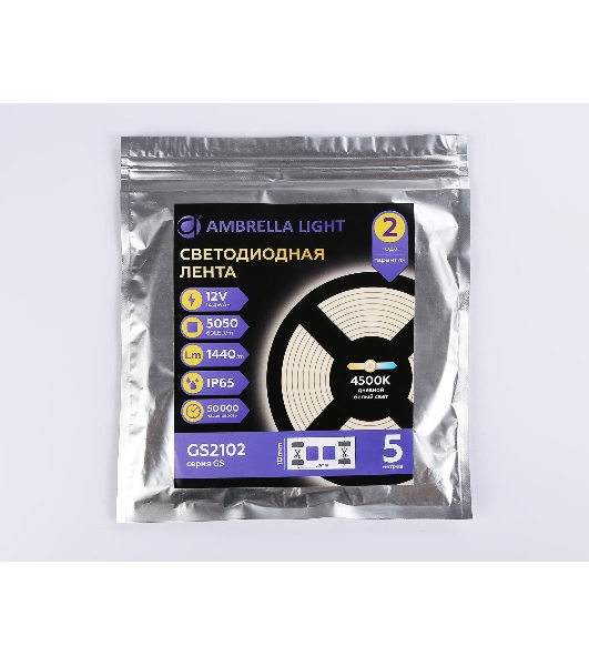 Светодиодная лента Ambrella light GS2102 5050 60Led/ 14.4W m/ 12V IP65 4500K/ 5000*10*2.87mm (2 конт.)