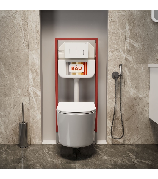 Комплект BAU 6 в 1: рамная инсталляция BAU NEO 45, унитаз подвесной безободковый Bau Hotel PRO, быстросъемное сиденье микролифт, кнопка смыва BAU Soul, белая