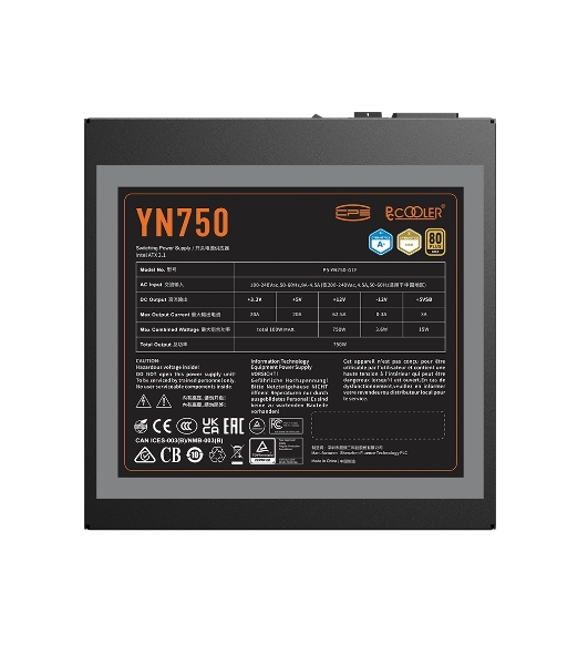 Блок питания PCCOOLER, 750W 80 PLUS Gold (ATX, 3.1, PCIe 5.1 600W, Full modular, 1x24(20+4)pin 550мм, 2xCPU 8(4+4)pin 650мм, 3xPCIe 8(6+2)pin 500мм, 1x12V(2x6) 12+4pin 650мм, 3xSATA*3+MOLEX4pin*1 450+120+120+120мм, Active, 135x135мм, 150x150x86мм, APFC, OVP, UVP, OCP, SCP, OTP, OPP, SPD)