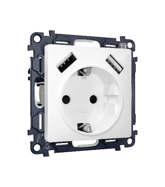 Комплект механизма электрической розетки ALFA Белый глянец 2USB A+A 18W (быстрая зарядка) с/з QUANT (AP1090, VM155) MA109010