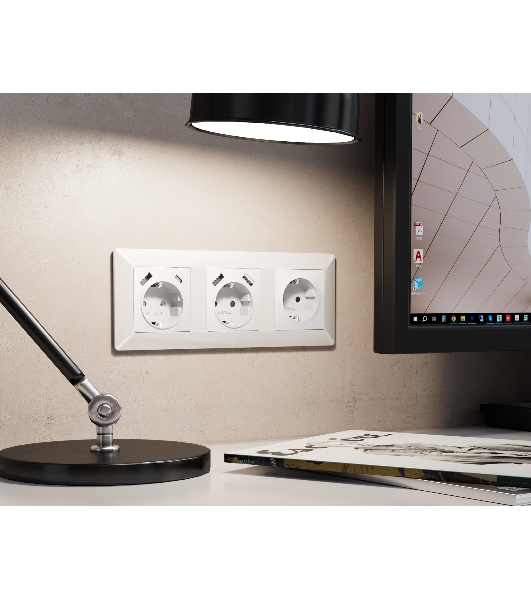 Комплект механизма электрической розетки ALFA Белый глянец 2USB A+A 18W (быстрая зарядка) с/з QUANT (AP1090, VM155) MA109010