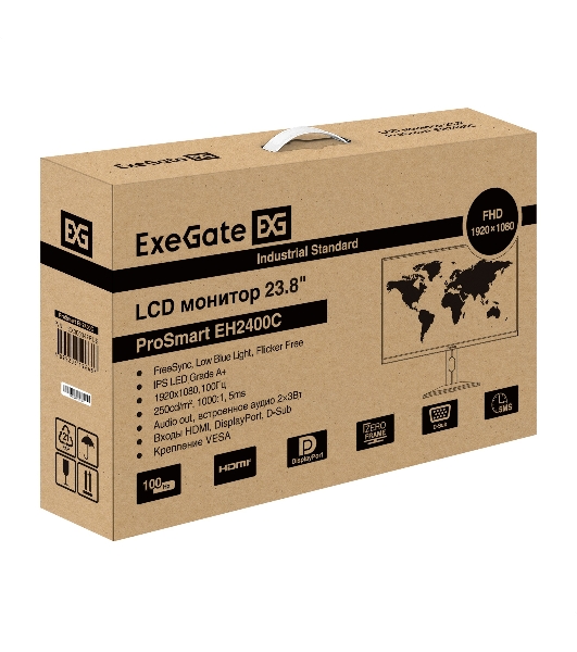 Монитор с аудио 23.8' 100 Гц ExeGate ProSmart EH2400C (IPS LED Grade A+, FHD, 1920x1080@100Гц, 16:9, 250cd/m2, 1000:1, 178°/178°, 3-5ms, audio-out, Speakers, D-Sub, HDMI, DisplayPort, кабель HDMI 1,5м, VESA, регулировка высоты (HAS), регулировка наклона (tilt), поворот экрана (swivel), поворот экрана на 90° (pivot), чёрный)