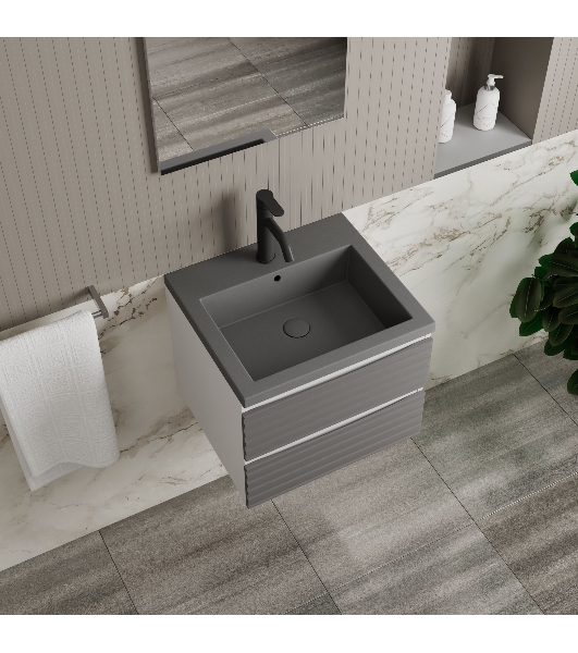 Тумба под раковину Bau Stil Loft grey brushed, раковина кварцевая BAU Stil 50, серый металлик, смеситель Dream Black, черный