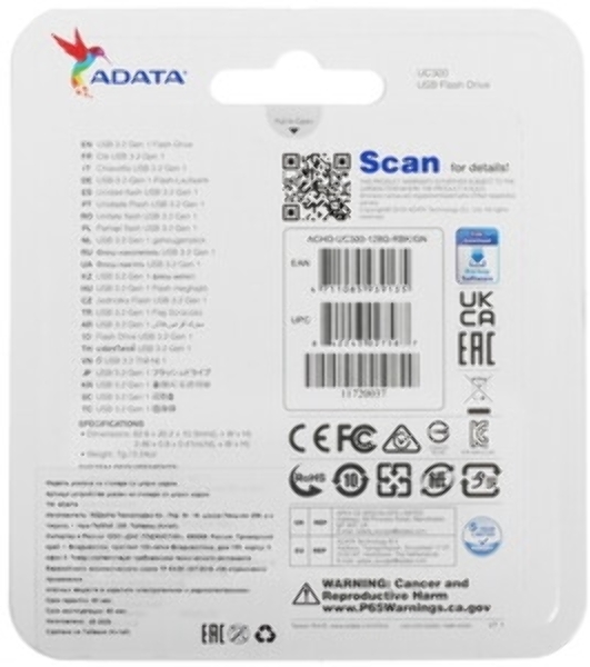 Флешка USB ADATA UC300 (ACHO-UC300-128G-RBK/GN), 128Gb, Type-C USB 3.2, R/W 100/30, черный/зеленый