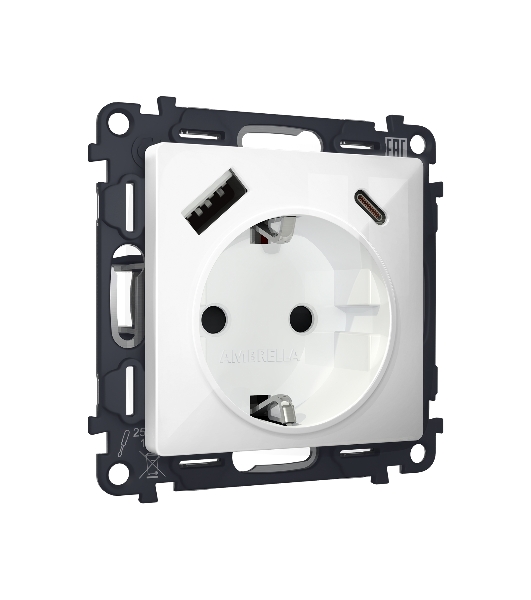 Комплект механизма электрической розетки ALFA Белый глянец 2USB A+C 20W (быстрая зарядка) с/з QUANT (AP1100, VM160) MA110010