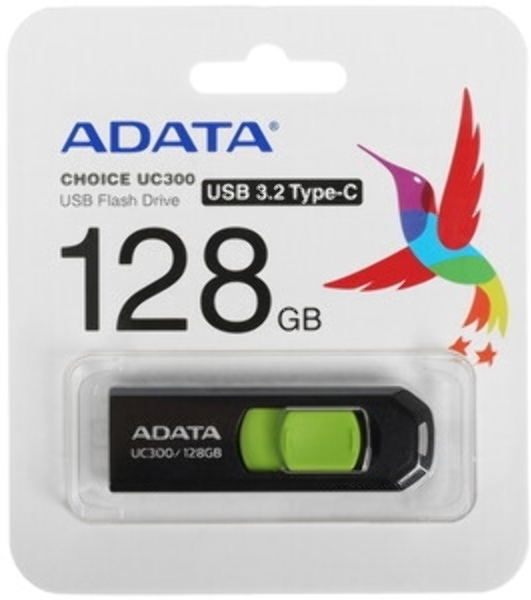 Флешка USB ADATA UC300 (ACHO-UC300-128G-RBK/GN), 128Gb, Type-C USB 3.2, R/W 100/30, черный/зеленый