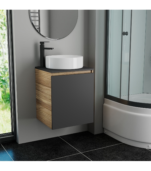 Тумба Bau Dream Blackwood 50 графит, раковина BAU Dream круглая D41, смеситель для раковины высокий Hotel Black, черный
