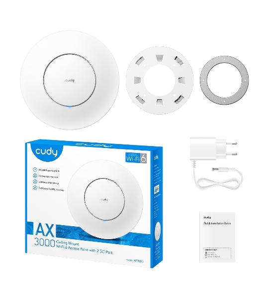 Точка доступа AX3000 Dual Band Ceiling Mount Wi-Fi 6 Access Point, Chipset MT7981, 802.11ax/ac/a/b/g/n, 2402Mbps at 5GHz + 574Mbps at 2.4GHz, 1 x 2.5G RJ45 Port, MU-MIMO, Support 12V DC or 802.3at PoE or Passive PoE, Internal Antennas, 48V passive PoE adapter included, Cudy Mesh Support