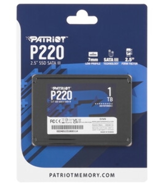 Накопитель SSD Patriot P220, 1Tb, SATA III, 2.5', R/W 550/500