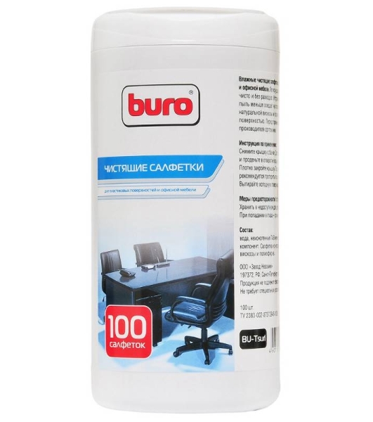 Салфетки Buro BU-Tsurl, 100 шт. для пластиковых поверхностей и офисной мебели туба 100шт влажных