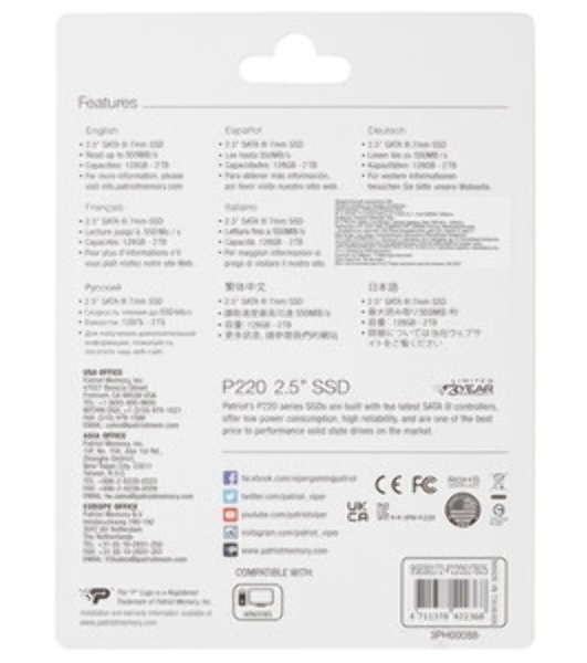 Накопитель SSD Patriot P220, 1Tb, SATA III, 2.5', R/W 550/500