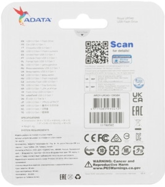 Флешка USB ADATA UR340 (AROY-UR340-128GbK), 128Gb, USB 3.2, R/W 100/30, черный