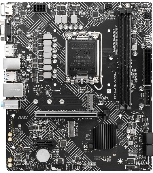 Материнская плата MSI PRO H610M-G DDR4, LGA 1700, Intel H610, 2xDDR4, 4xSATA, 1xM.2, 1xPCIe 4.0 x16, 1xPCIe 3.0 x1, 1xHDMI, 1xDP, 1xVGA, 1xRJ45 1Gb, 2xUSB-A 3.2 Gen 1, 4xUSB-A 2.0, 3x3.5мм, 7.1, mATX